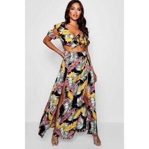 BOOHOO Knot Front Double Split Palms Maxi Dress 12